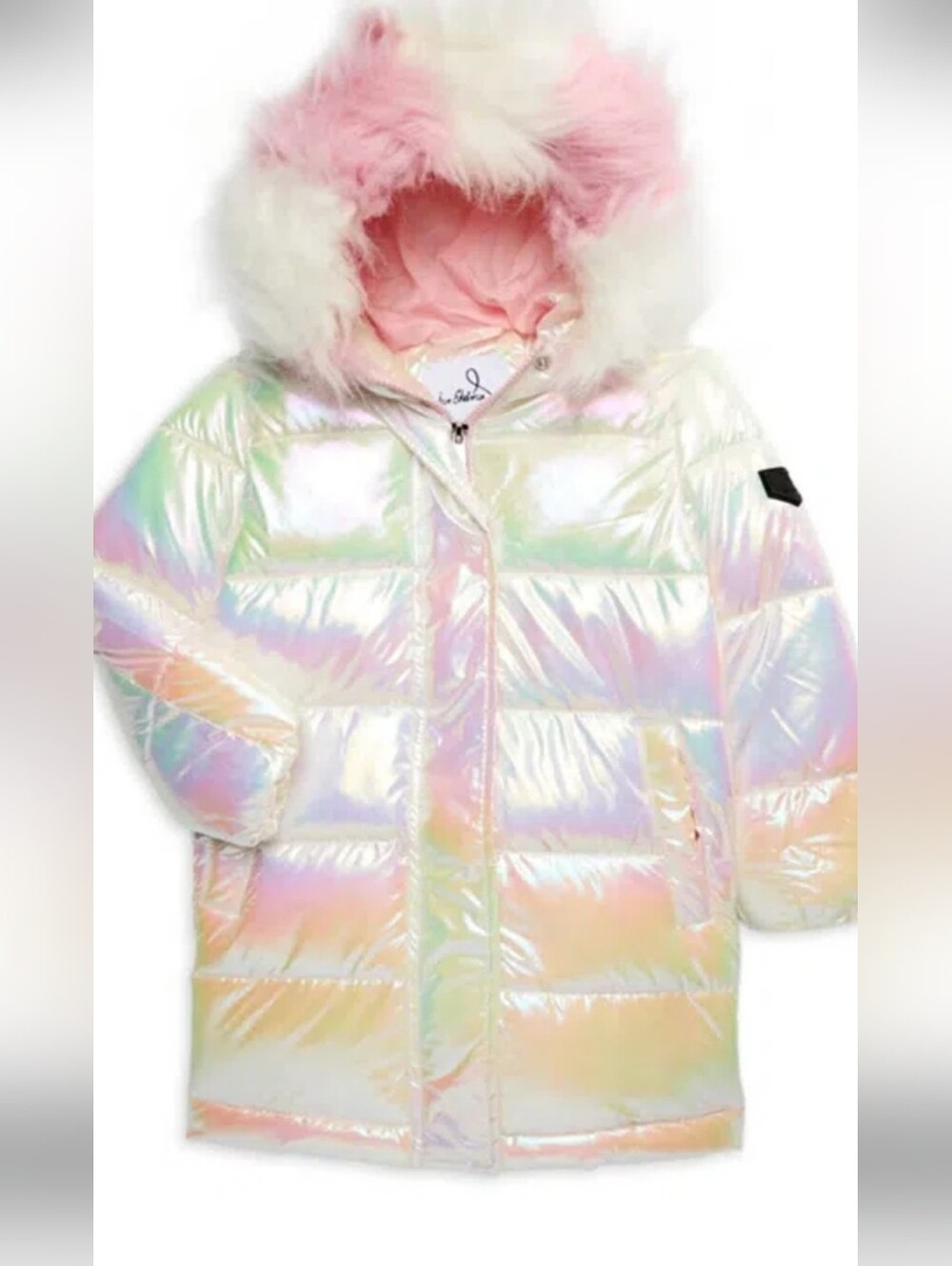 Sam Edelman Girls Iridescent Puffer Coat with Pink Faux Fur Hood. Sz M 10-12
